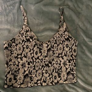 American Eagle Black and White Floral Ruched Tank with Adjustable Straps
